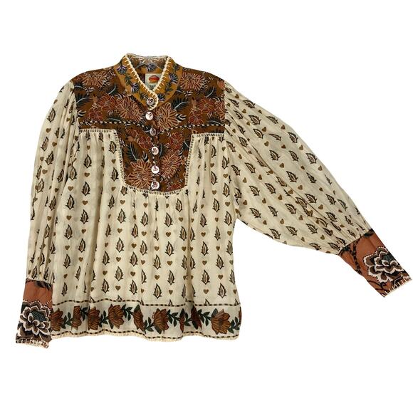 Nwot FARM RIO Top L Cream Brown Floral Pearly-Button Crochet Puff-Balloon-Sleeve - Picture 2 of 16